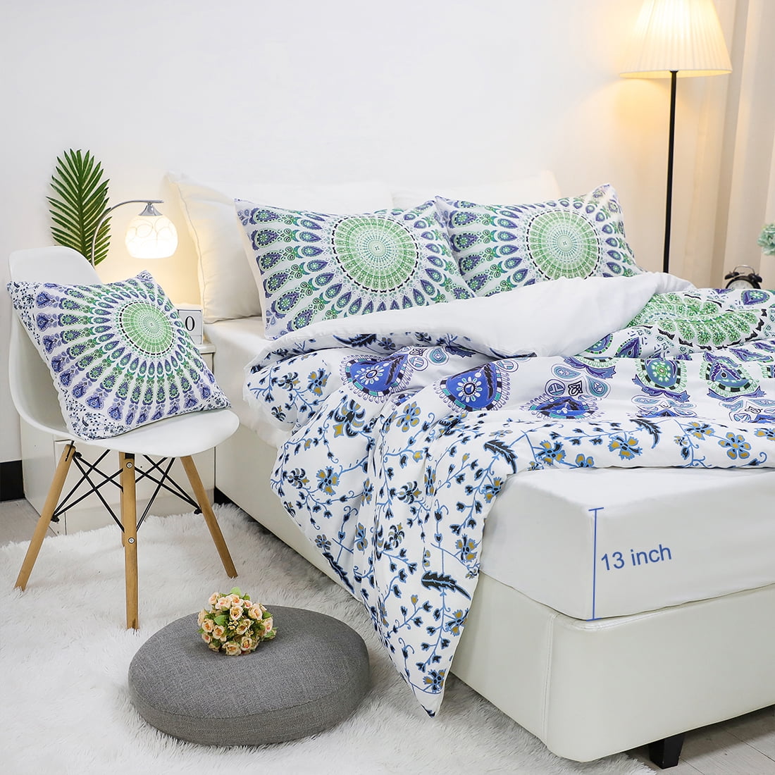 5-piece Bohemian Duvet Cover Polyester Bedding Set White and Green Queen