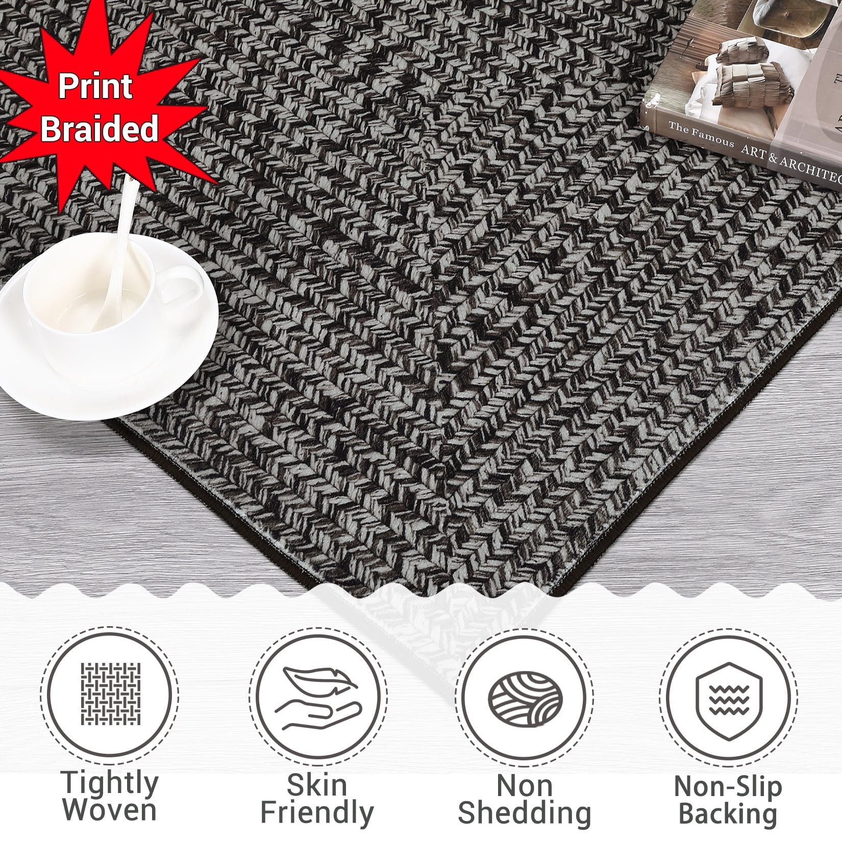 Hasoo Large 10' x 13' Modern Area Rug for Living Room Braided Pattern Soft Indoor Carpet, Gray/Black