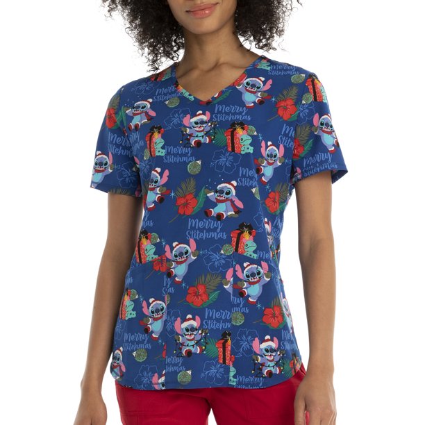 Scrubstar Women's Disney's Stitch "Merry Stitchmas" VNeck Print Scrub