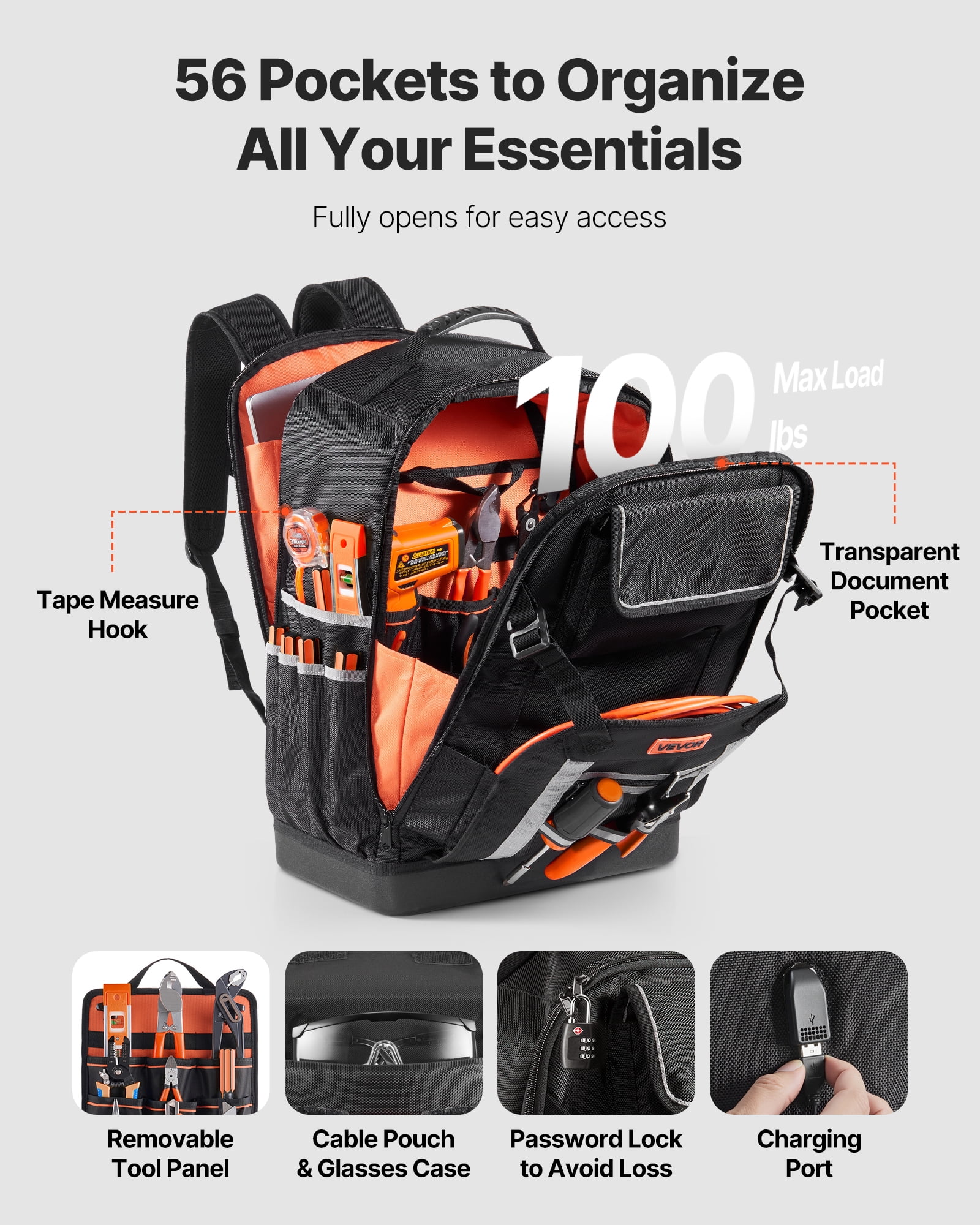 VEVOR Tool Backpack, 56 Pockets, Heavy-duty Tools Storage Organizer Bags with Molded Base, Electrician Jobsite Backpack for Construction Jobsite, Electrician, Industrial, Repairman, and HVAC Techs