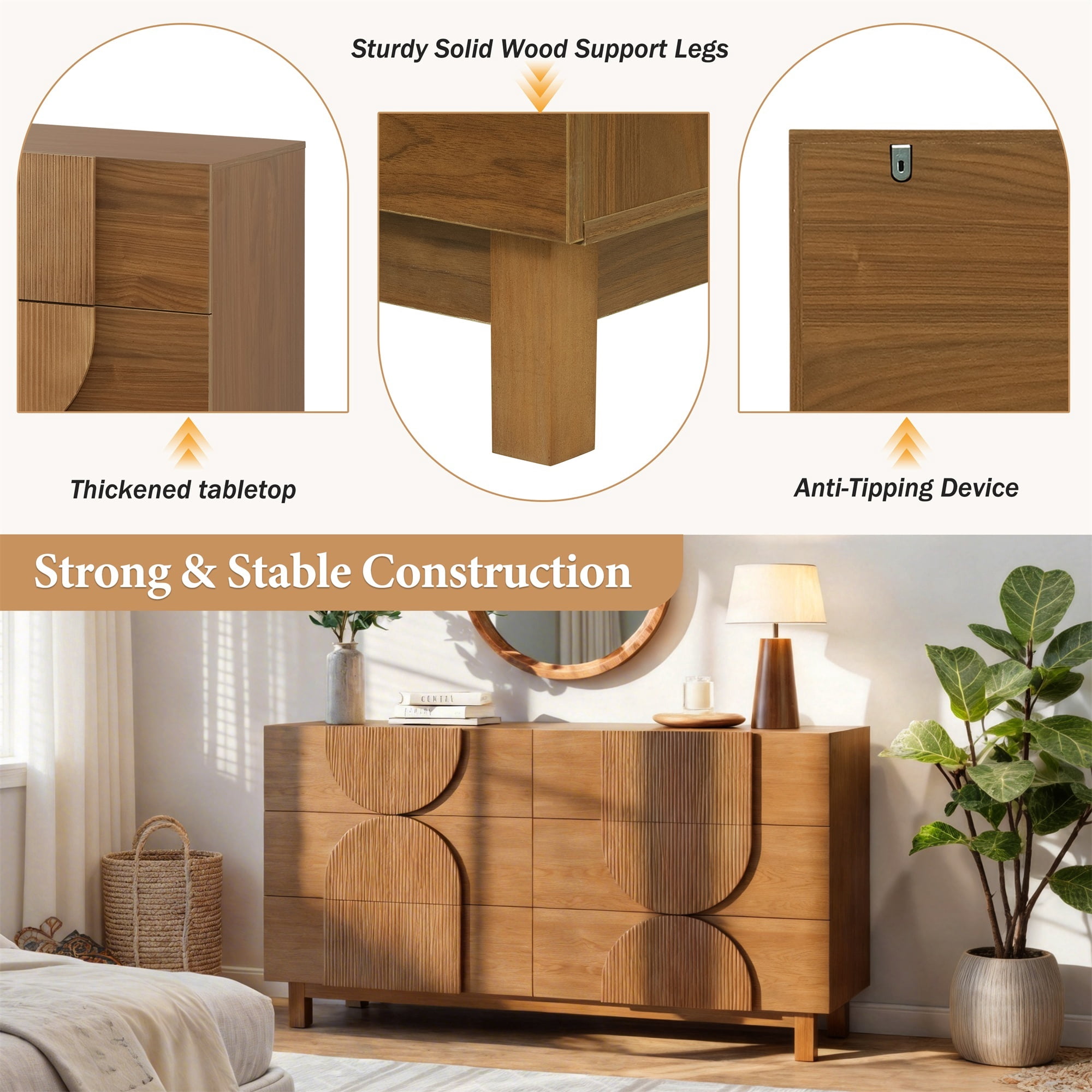Alvantor 6 Drawer Dresser, 60" Wide Wooden Chest of Drawers, Fluted Dresser for Bedroom,Living Room, Hallway Brown