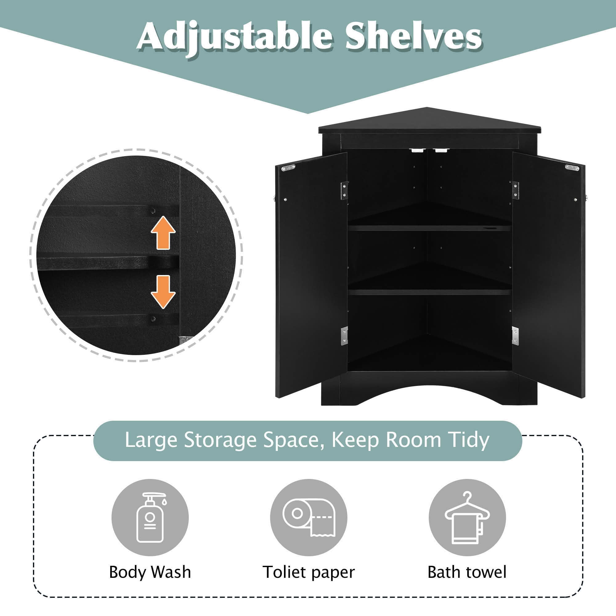 MAYEERTY Black Triangle Bathroom Cabinet Adjustable Shelves Freestanding Floor Cabinet