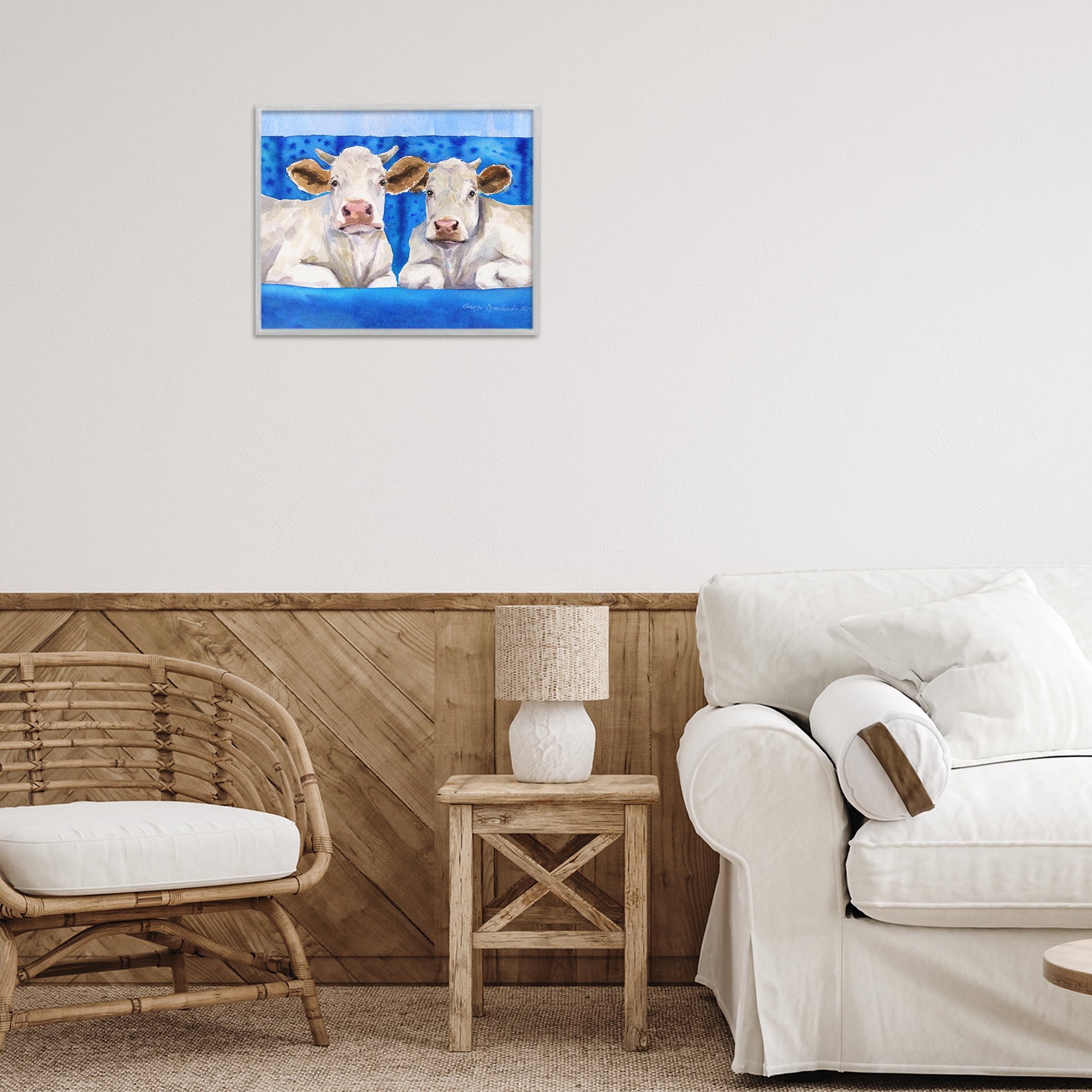Stupell Industries White Cows on Blue Sofa Gray Framed Giclee Art, design by George Dyachenko