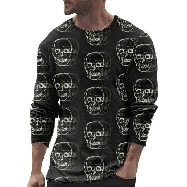 AMERTEER T-Shirt Homme Automne et Hiver Grande Taille Décontracté Rétro Vieux Festival d'Halloween Imprimé Complet Col Rond Manches Longues