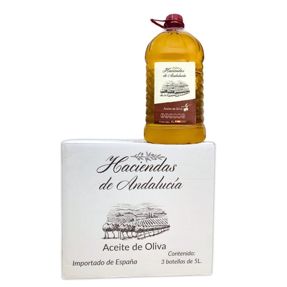 Aceite de Oliva Español 100% Puro Haciendas de Andalucia caja con 3 botellas de 5L Cada una.