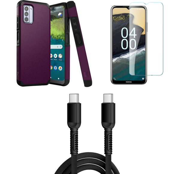 MK Dual Layer Slim Case for Nokia C300 Bundle with Glass Screen Protector, 30W USB-C to USB-C Charging Sync USB Cable - 6 Foot - Dark Purple Violet