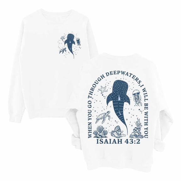 Arlun Women's Whale Ocean Sweatshirts Large Whale Shark Graphic Printed Crewneck Sweatshirt When You Go Through Deep Waters Christian Long Sleeve Pullover Tops White XL
