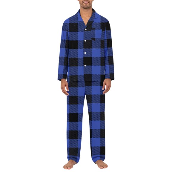 Men's Pajama Sets Long Sleeve Checked Lounge Wear Set Flannel Pyjamas Plaid Top and Bottoms 2 Piece Winter Cotton Nightwear Blue S