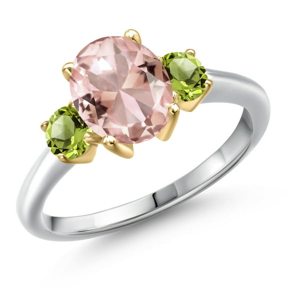 Gem Stone King 925 Silver and 10K Yellow Gold Peach Nano Morganite and Green Peridot Engagement Ring for Women | 2.60 Cttw | Oval 9X7MM | Gemstone October Birthstone | Size 6
