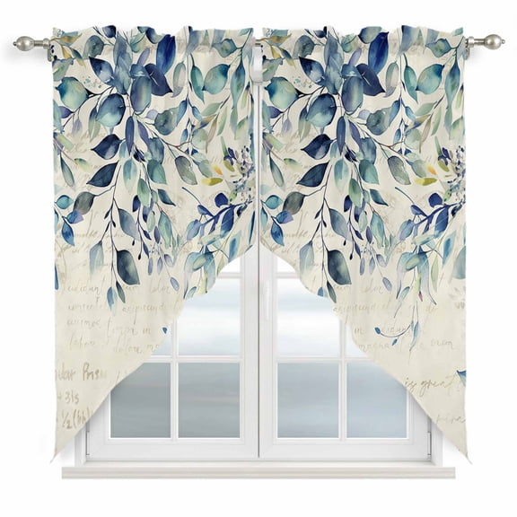 Blue Teal Eucalyptus Leaves Kitchen Window Curtains, Swag Curtains Valance for Bedroom Living Room Bathroom, Watercolor Vintage Botanical Rod Pocket Window Curtain Block Drapes 2 Panels 36"x36"