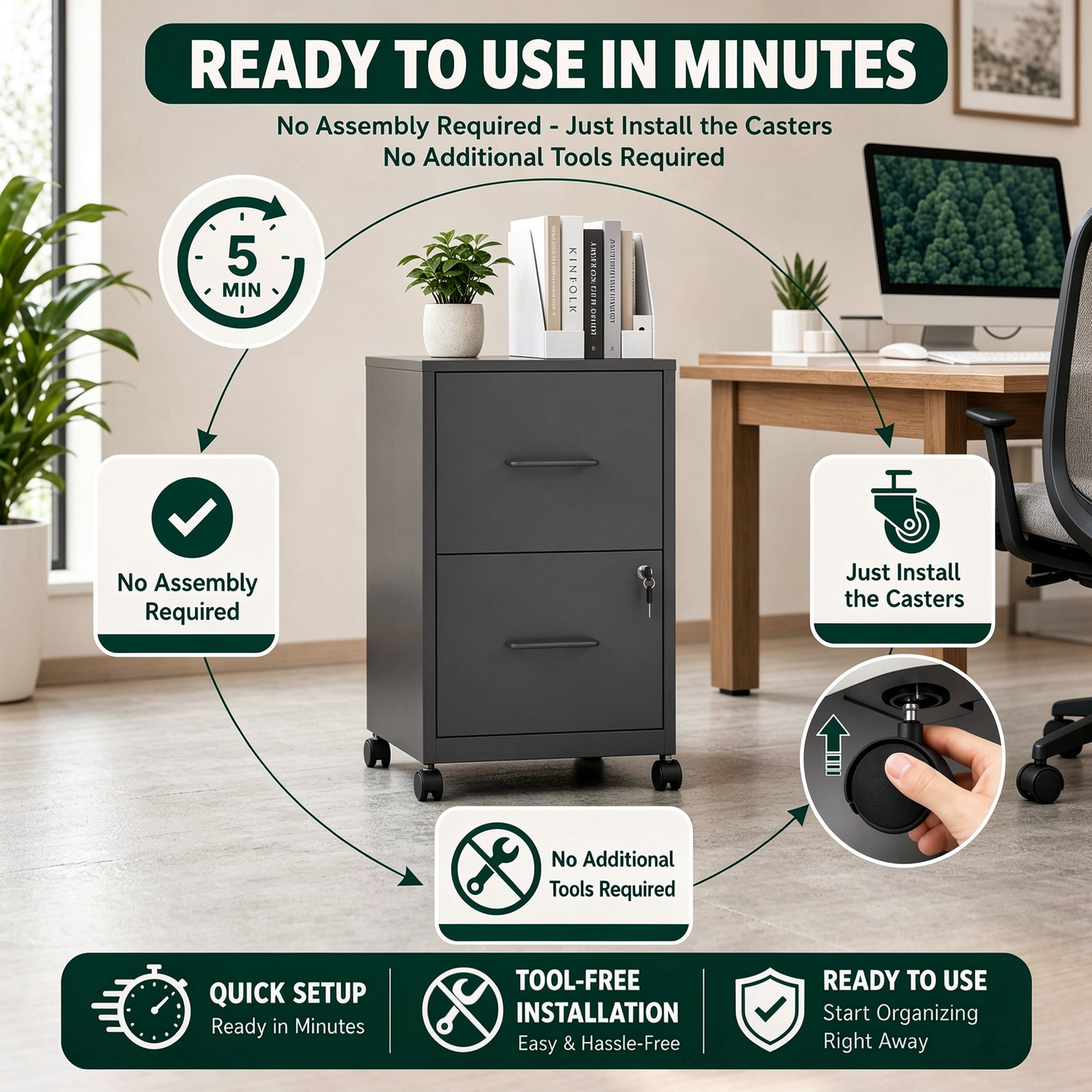 2-Drawer Steel File Cabinet with Anti-Tip Wall Safety, Adjustable Hanging Rails, Central Locking System, Compact Under-Desk Design for Home Office Study