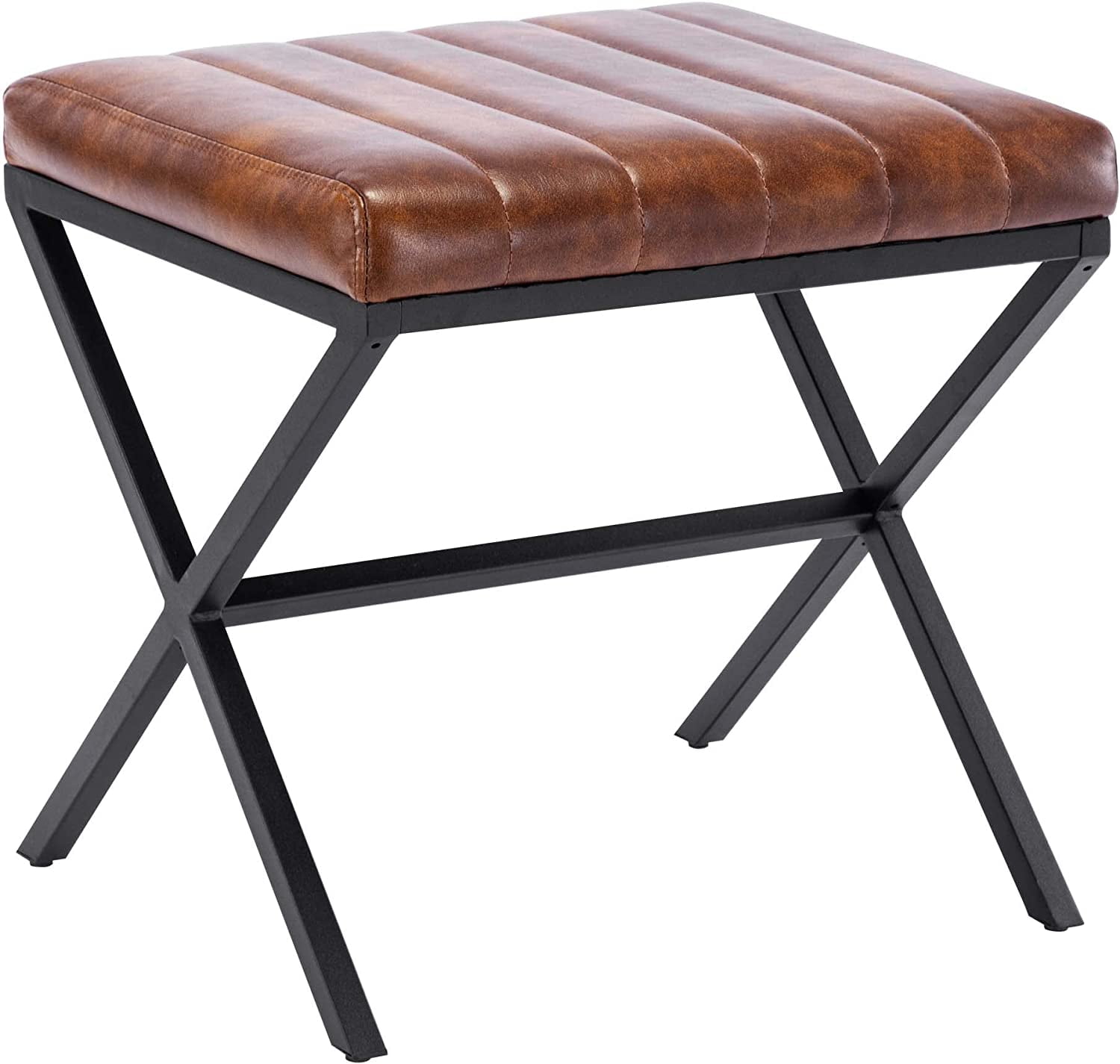 Duhome Vanity Stool, Modern Square Ottoman Stool with Metal Base Faux Leather Ottoman Footstools for Living Room Bedroom, Brown