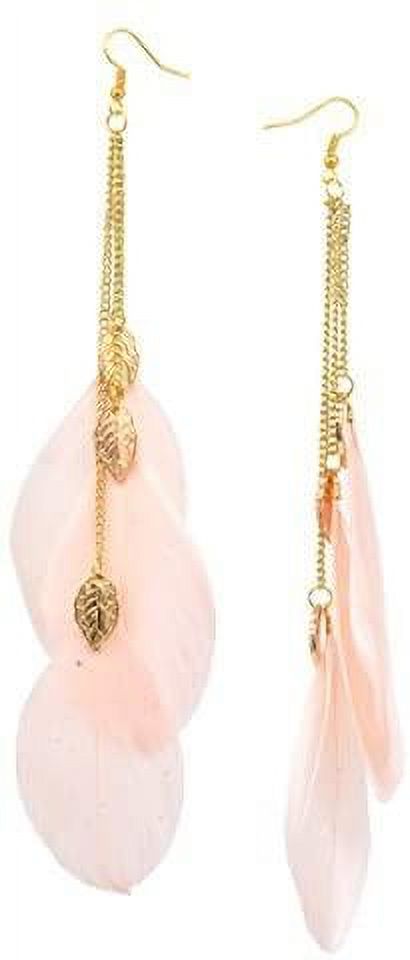 Long Chain Dangle Chandelier Style Three Feather Earrings Sexy Fashion Jewelry (Leaf Pink) - image 3 of 5