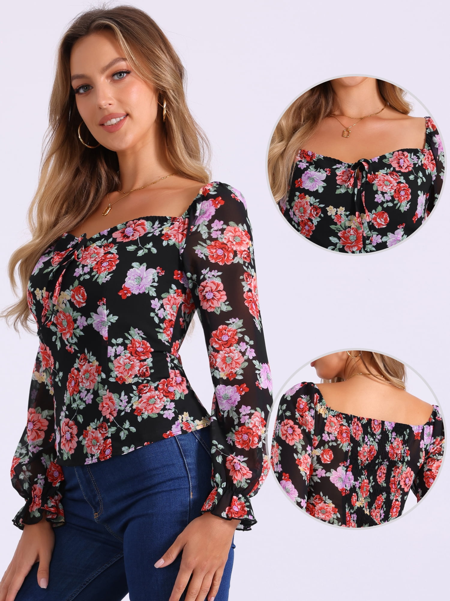 DARING DIVA Women's Smocked Back Puff Sleeve Elegant Floral Blouses L Black