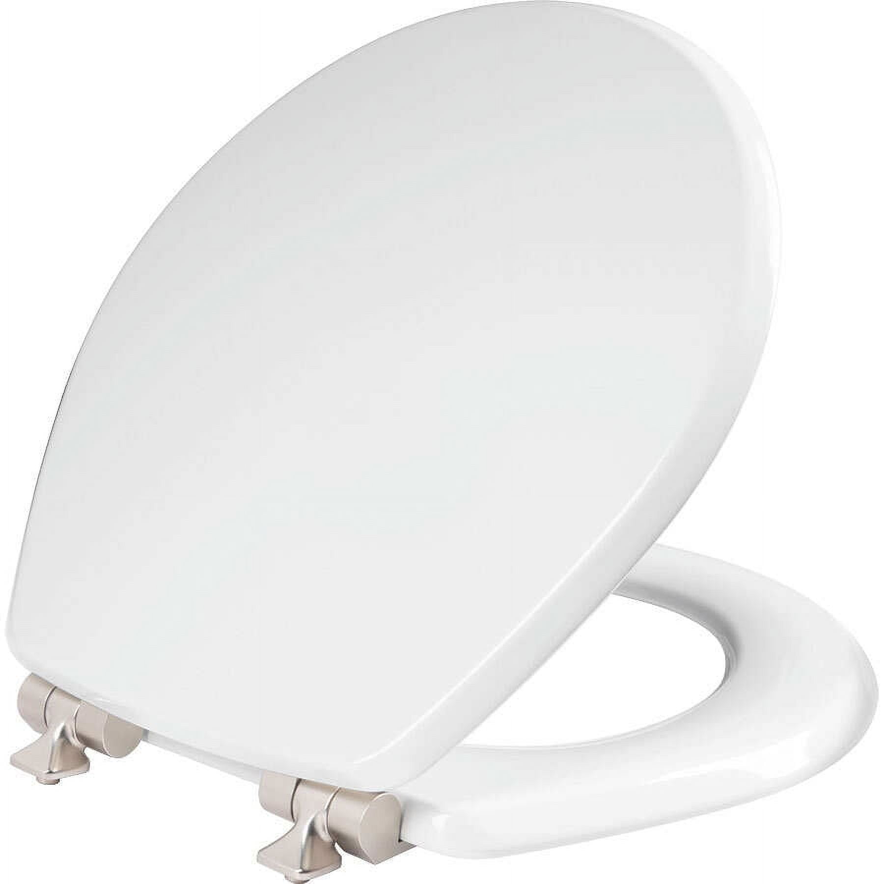 Mayfair BentonÂ® Round Enameled Wood Toilet Seat in White Never Loosens and Soft Close Crushed Nickel Hinge