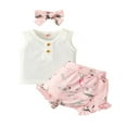 thumbnail image 1 of Baby Girls Tops and Shorts Set Fashion Solid Color Button Vest and Flower Short Pants with Headband, 1 of 6
