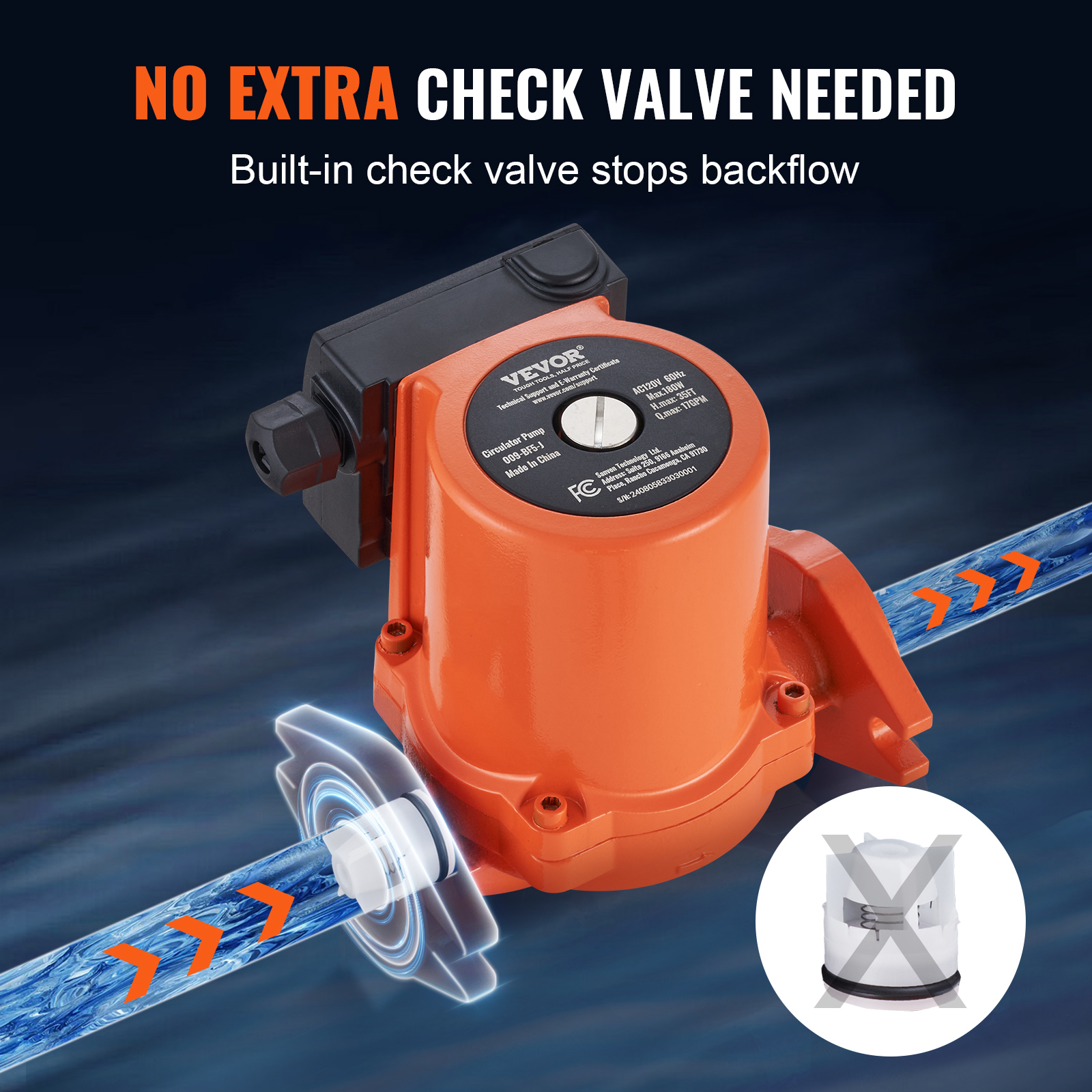 VEVOR 009-BF5-J Hot Water Recirculating Pump, 110V, 180W 17 GPM Hot Water Circulation Pump, 3/4" NPT Flange 3-Speed Circulator Pump, Quiet Operation Circulator Pump for Home Water Heater System