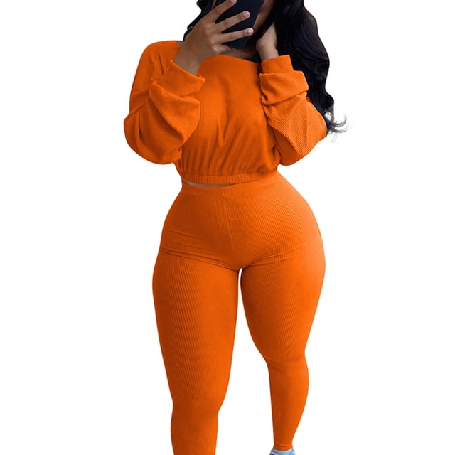 LUXUR Ladies Elastic Waist Sweatsuits Cropped Running Two Piece Outfit Orange S