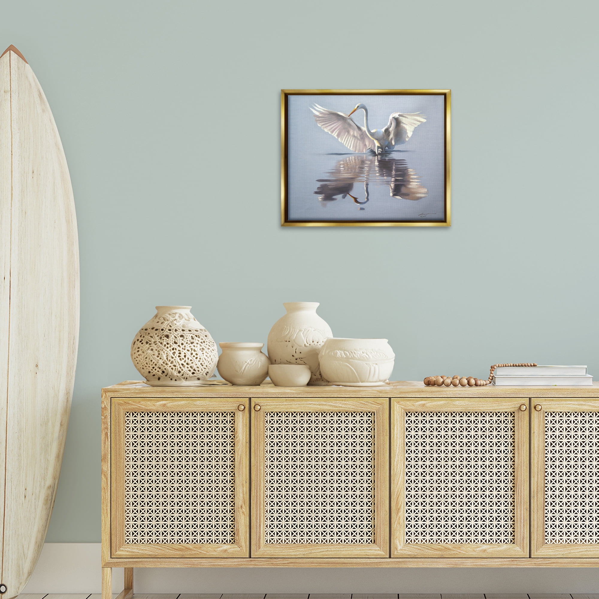 Stupell Industries Egret with Beautiful Wingspan Animals & Insects Painting Gold Floater Framed Canvas Art Print Wall Art, 21 x 17