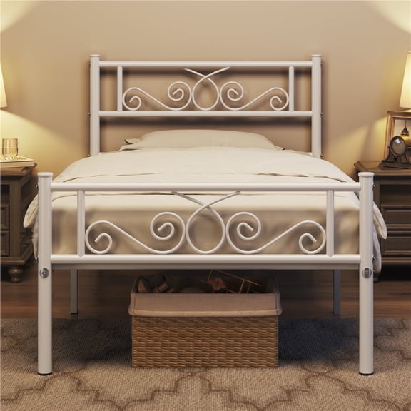 Topeakmart Twin Metal Platform Bed Frame with Scroll Design Headboard and Footboard, White
