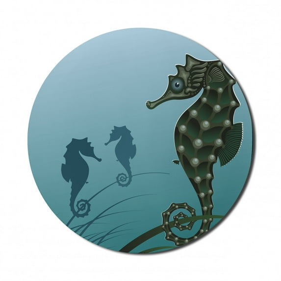 Animal Mouse Pad for Computers, Seahorse Couple Underwater Creature Miss His Love Algae Art Illustration Print, Round Non-Slip Thick Rubber Modern Gaming Mousepad, 8" Round, Green Blue, by Ambesonne