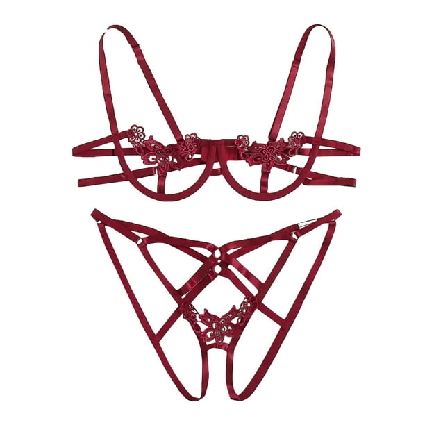 Qcmgmg Bra and Panty Set for Women Crotchless Sexy Lingerie Set Cupless