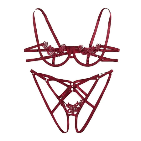 

BIZIZA Women s Bra and Panty Set Strappy Babydoll Cut Out High Waisted Two Piece Sexy Lingerie Red L