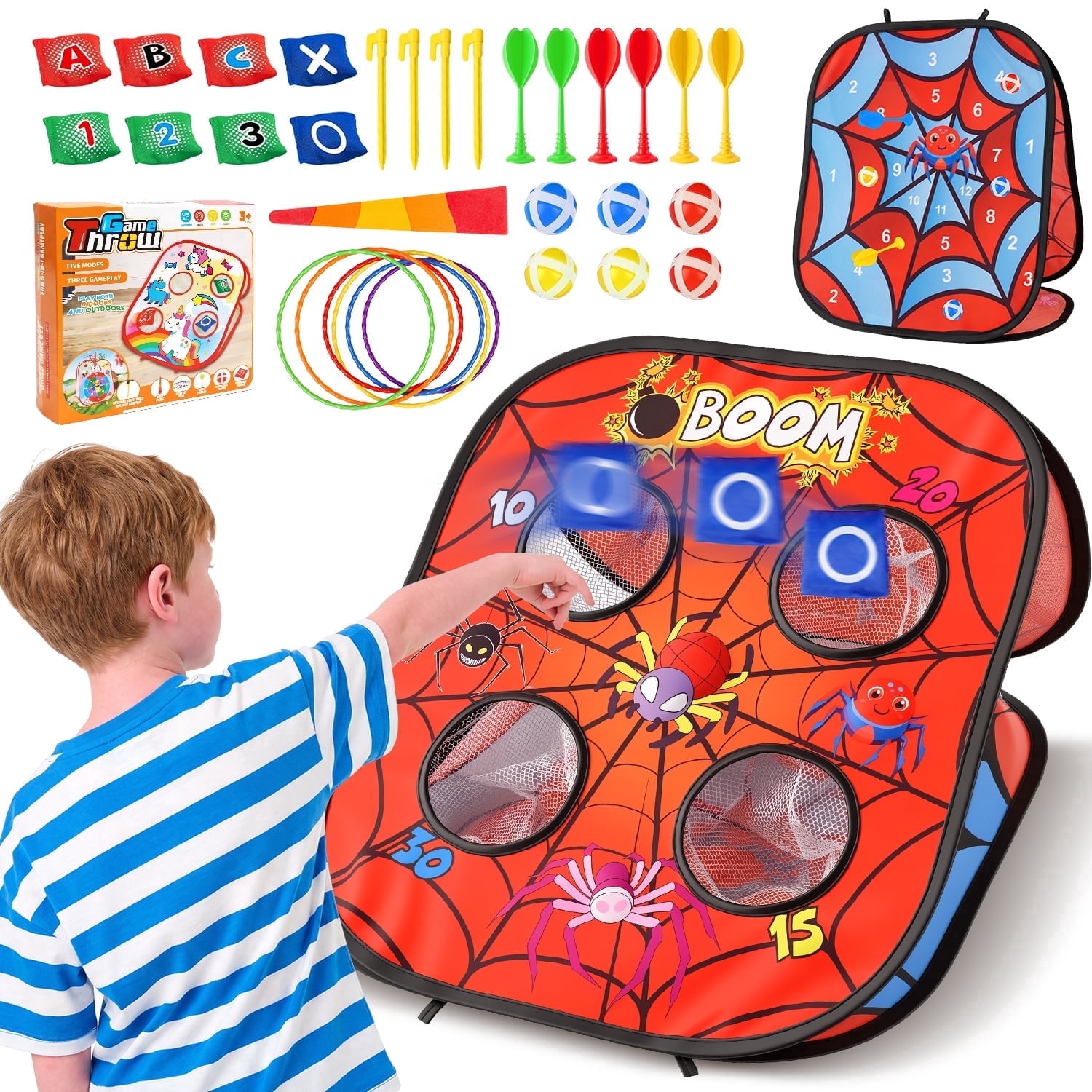 HopeRock 5-in-1 Bean Bag Toss Game, Foldable Spider Web Corn Hole Bags Set, Outdoor Games for Kids 3-8, Christmas Birthday Gift for Boys Girls Ages 3+.