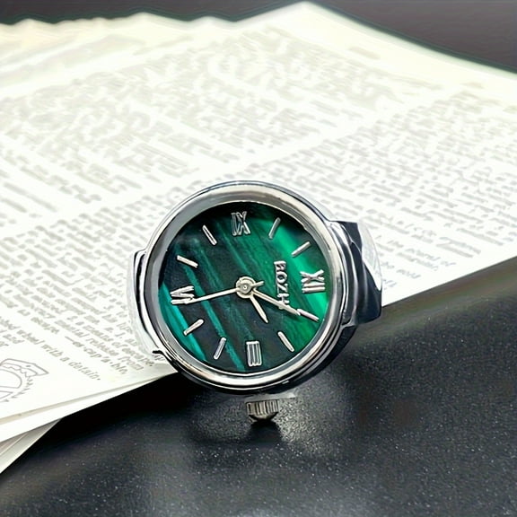 A Creative Design With A Sense Of Fashion, Simplicity, Leisure, Sports, And Trend, This Golden Stainless Steel Plated Small Green Watch Ring With An Elastic Watch Band Is Versatile For Women