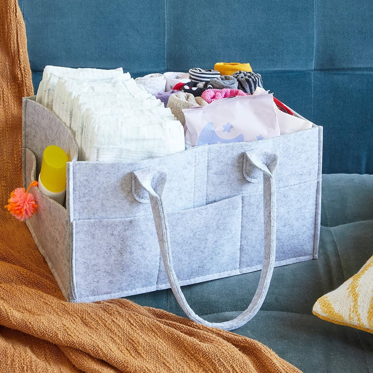 Enerhu Felt Nursery Storage Bin Basket Newborn Shower Gift Basket for Mom Newborn Kids Nappies Yellow