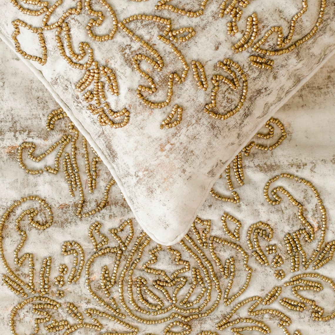 The HomeCentric King / Queen / Twin Ivory & Gold Designer Full 68"x18" Bed Runner WITHOUT Pillow Cover, Beaded & Foil Bed Scarf on Silk fabric - Foil Damask Gold