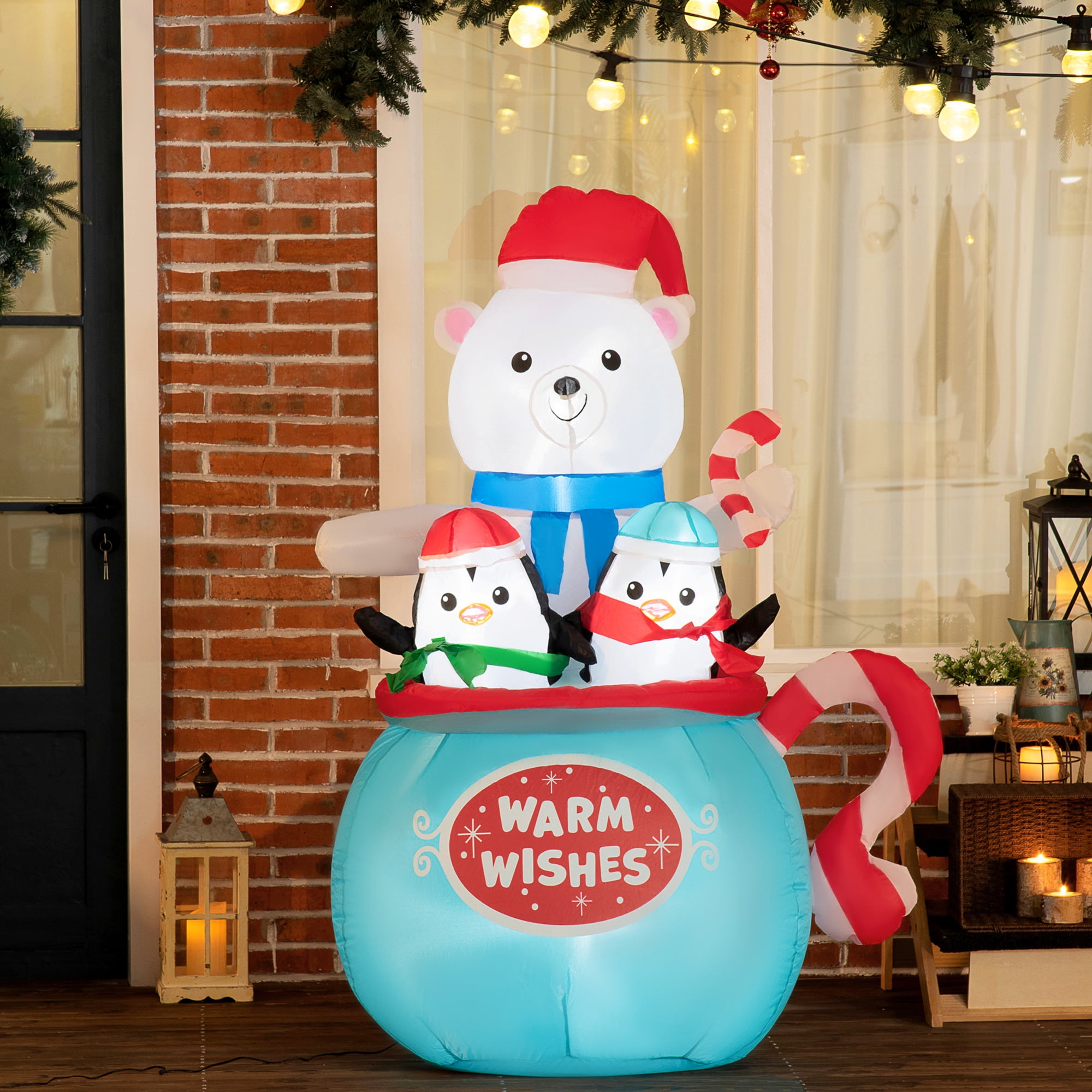 Christmas Bear and Penguins Inflatable Sitting in a Cup with LED Lights Outdoor Yard Decoration