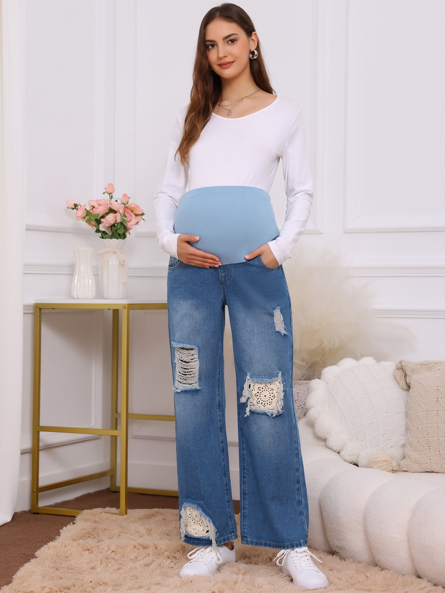 DARING DIVA Women's Maternity Over-the-Belly Ripped Distressed Jeans M Blue
