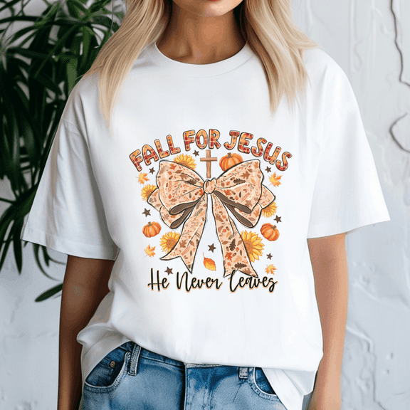 Fall For Jesus He Never Leaves Coquette Bow Christian, Thanksgiving Shirt,Turkey Tee,Holiday Gift ,Happy Thanksgiving Tshirt,Turkey Day,Family Gobble ,Pumpkin,
