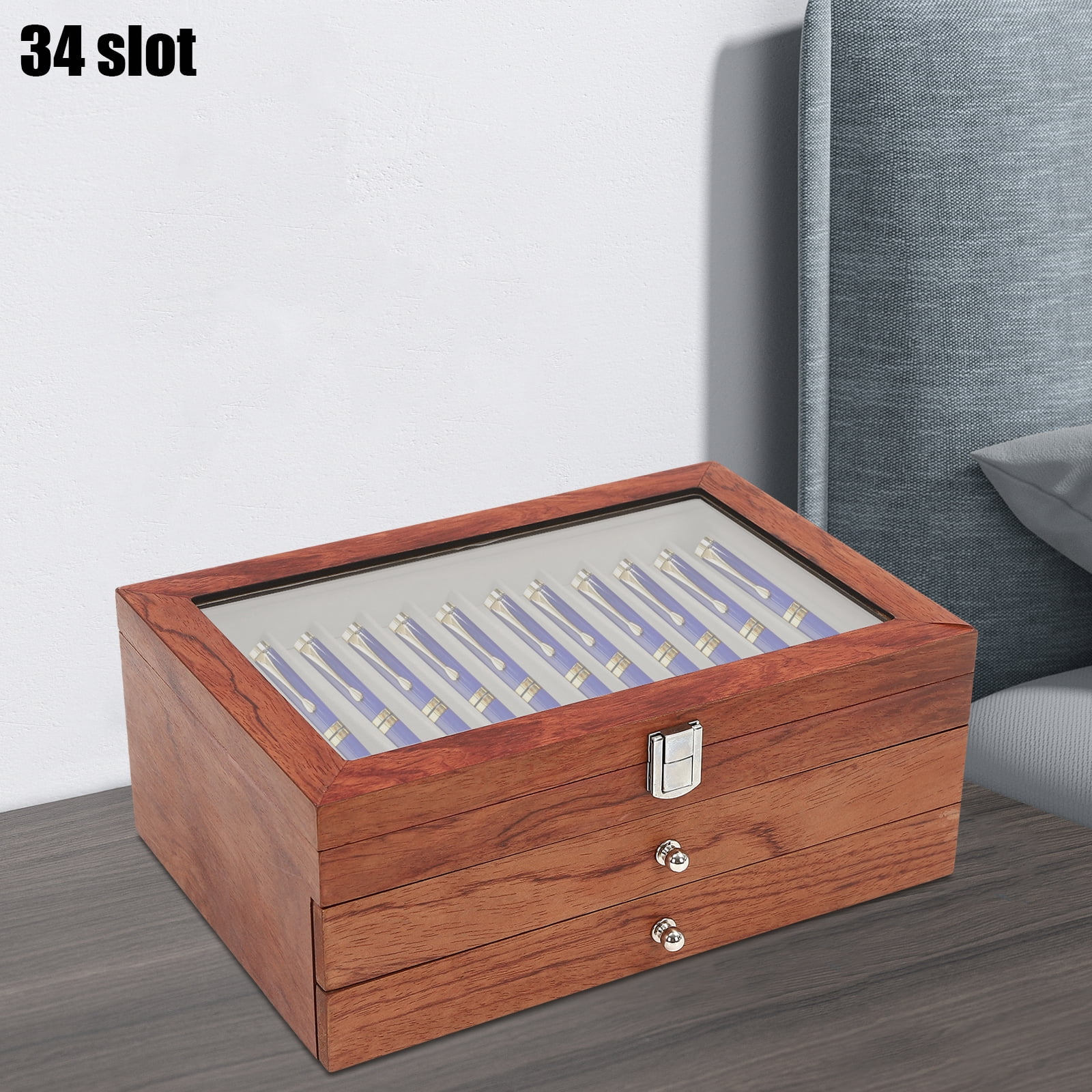 Pen Box with 3-Tier Design, 34 Separate Compartments,&nbsp; Rosewood and MDF Construction, Velvet-Lined for Protection, Vintage Style with Smooth Finish, Ideal Gift for Pen Collectors