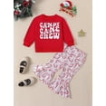thumbnail image 2 of Wassery Toddler Girls Christmas Outfits Clothes 12M 18M 2T 3T 4T 5T Kids Girls Letter Print Long Sleeve Sweatshirt and Cane Print Flare Pants Set  2Pcs Little Girls Christmas Clothing Set, 2 of 9