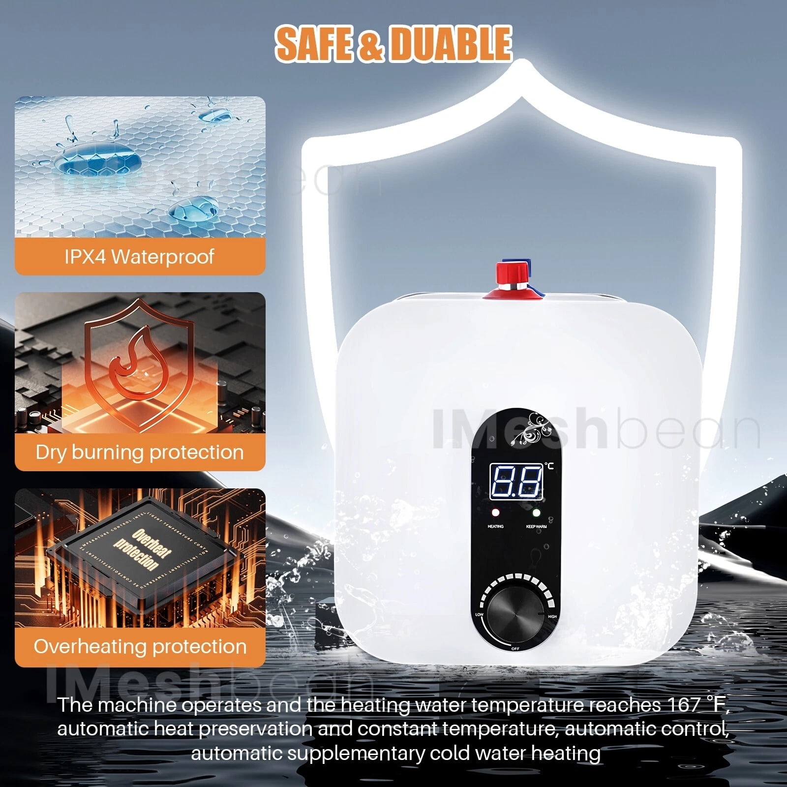 iMeshbean 15L/4 Gal Instant Electric Water Heater Shower 1500W 110V Compact Mini-Tank Storage