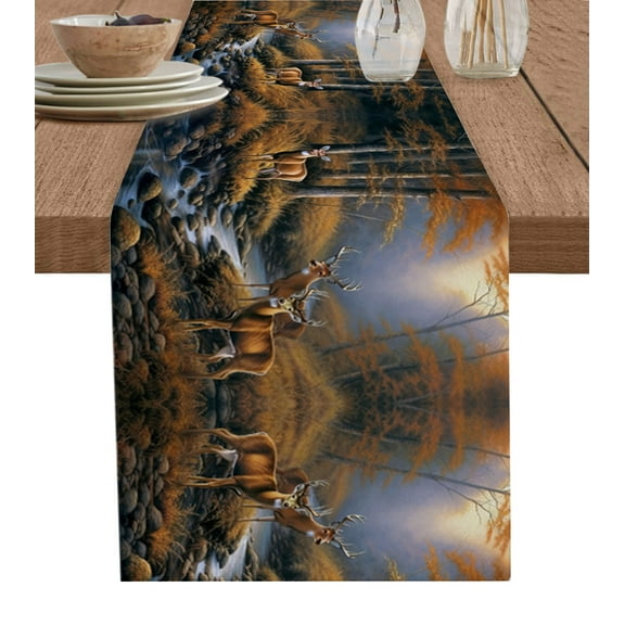 Table Runner Dresser Scarf 14 x 72 Inch Deer in Sunset Forest with Stream and Trees Table Runners Non-Slip Heat Kitchen Dining Table Decor for Kitchen Farmhouse Indoor Outdoor Home Party