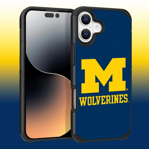 Apple iPhone 16 Plus (6.7) - Licensed NCAA University of Michigan Wolverines Logo on Dark Blue Textured Dual Layer Case