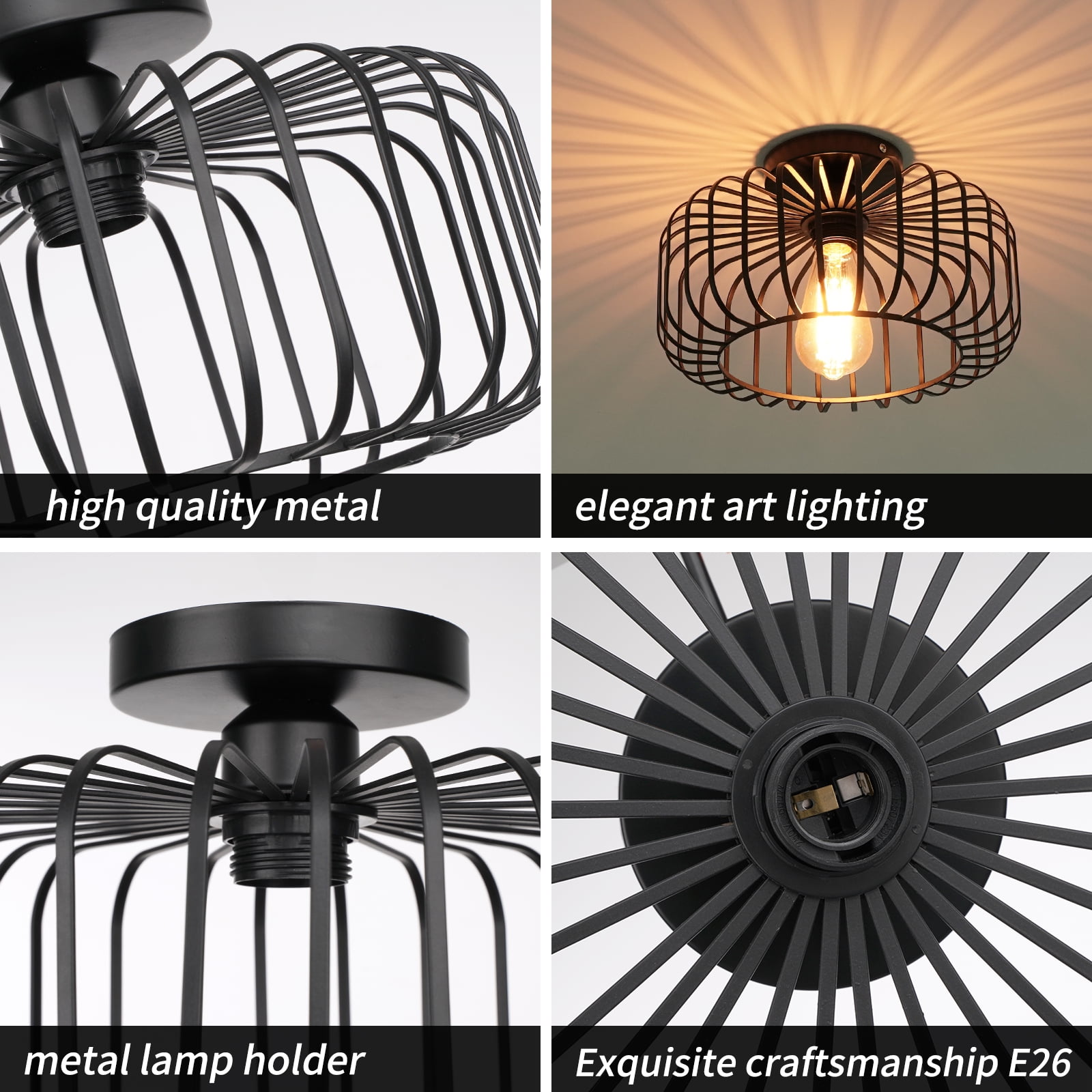 FRIDEKO HOME Modern Black Semi Flush Mount Ceiling Light Fixture, 11.22" Industrial Metal Cage Ceiling Lights, Chandeliers with E26 Base for Bedroom, Living Room, Kitchen, Hallway  (Without Bulb)
