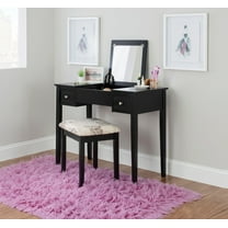 Linon Butterfly Vanity and Padded Stool Flip Up Mirror 2 Drawers in Black Wood
