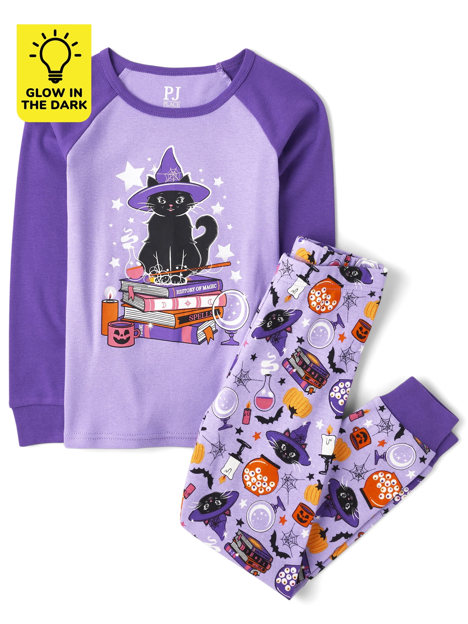 The Children's Place Baby, Toddler, & Girls Snug Fit Glow-in-the-Dark Cat Witch Cotton Pajamas, Sizes 12M-16