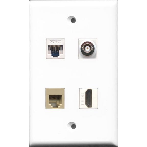 RiteAV - 1 Port HDMI and 1 Port Phone RJ11 RJ12 Beige and 1 Port BNC and 1 Port Cat5e Ethernet White Wall Plate