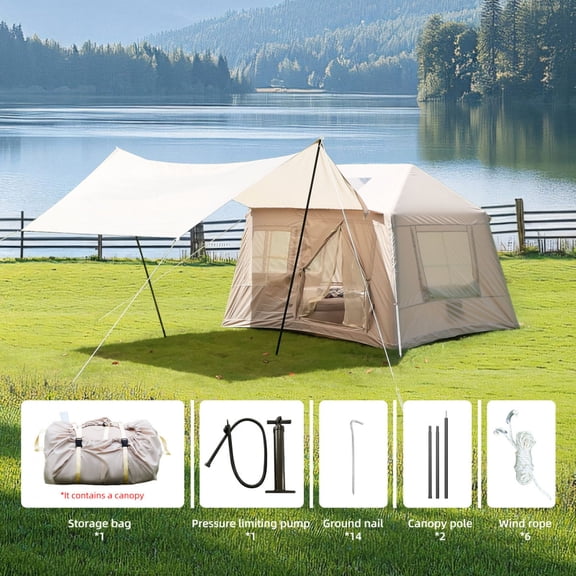 5.72 ㎡   Inflatable Glamping Tent - 4-Season Windproof Cotton Camping Tent with Stove Jack, Mesh Windows & Pump,Beige
