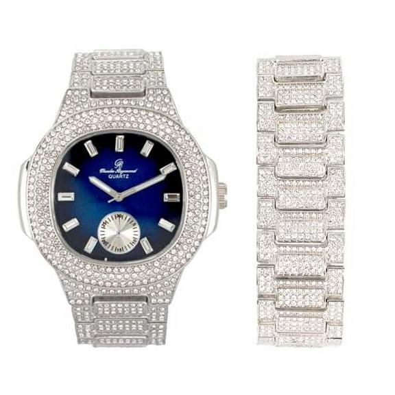 Charles Raymond Blinged Out Oblong Case Metal Mens Watch w/Matching Blinged Out Bracelet Set - ST10235 VO SLV Blue -B