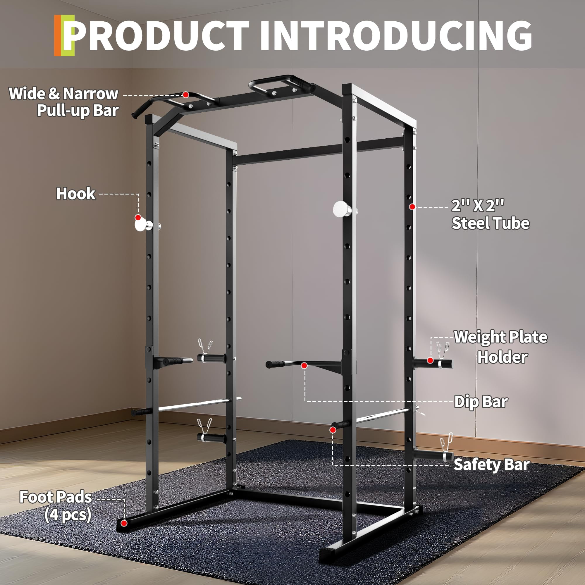 Accreate Heavy Duty Squat Rack Power Cage, Strength Training Power Cages for Home Gym, 1100 LB Capacity Power Rack with Pull-Up Bar, Dip Bars, Adjustable Safety Spotters, J-Hooks, Plate Storage