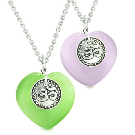 Spiritual OM Amulets Love Couples or Best Friends Hearts Purple Neon Green Simulated Cats Eye