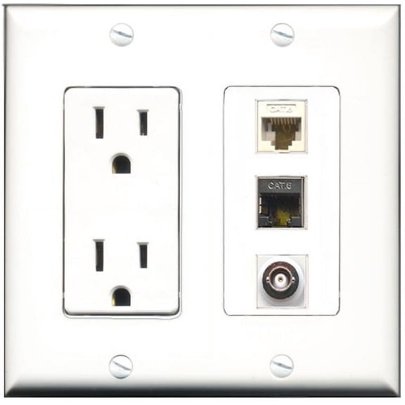 RiteAV - 15 Amp Power Outlet 1 Port Shielded Cat6 Ethernet Ethernet 1 Port BNC 1 Port Cat6 Ethernet Ethernet White Decorative Wall Plate
