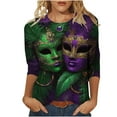 thumbnail image 3 of Feancey 3/4 Length Sleeve Womens Mardi Gras Tops Dressy Trendy Mask Printed T-Shirts Loose Fit Casual Round Neck Party Blouse Spring Carnival Outfit Multicolor S, 3 of 6