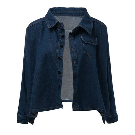 Womens Denim Jacket Baggy Batwing Long Sleeve Crop Coats